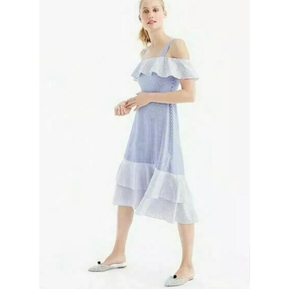 J. Crew Women's Blue Striped Straps Ruffle Sleeveless Fit & Flare Dress Size 8
